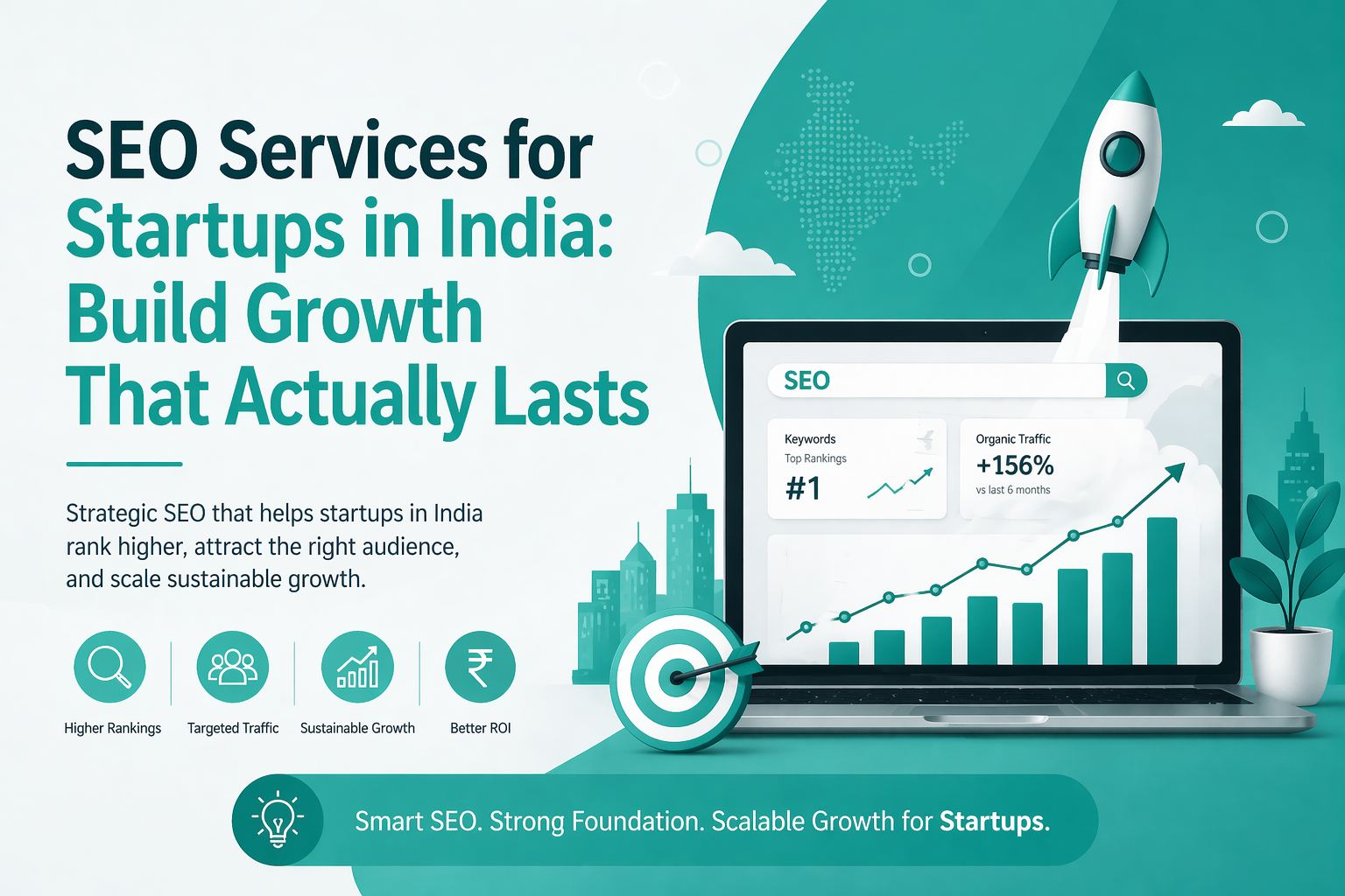 SEO services for startups in India showing sustainable growth strategy with analytics dashboard, rocket launch, and traffic increase visuals.