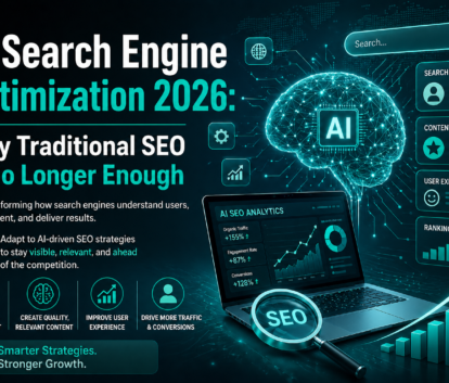 AI Search Engine Optimization concept showing futuristic AI-driven SEO analytics, search engine interface, and digital marketing growth