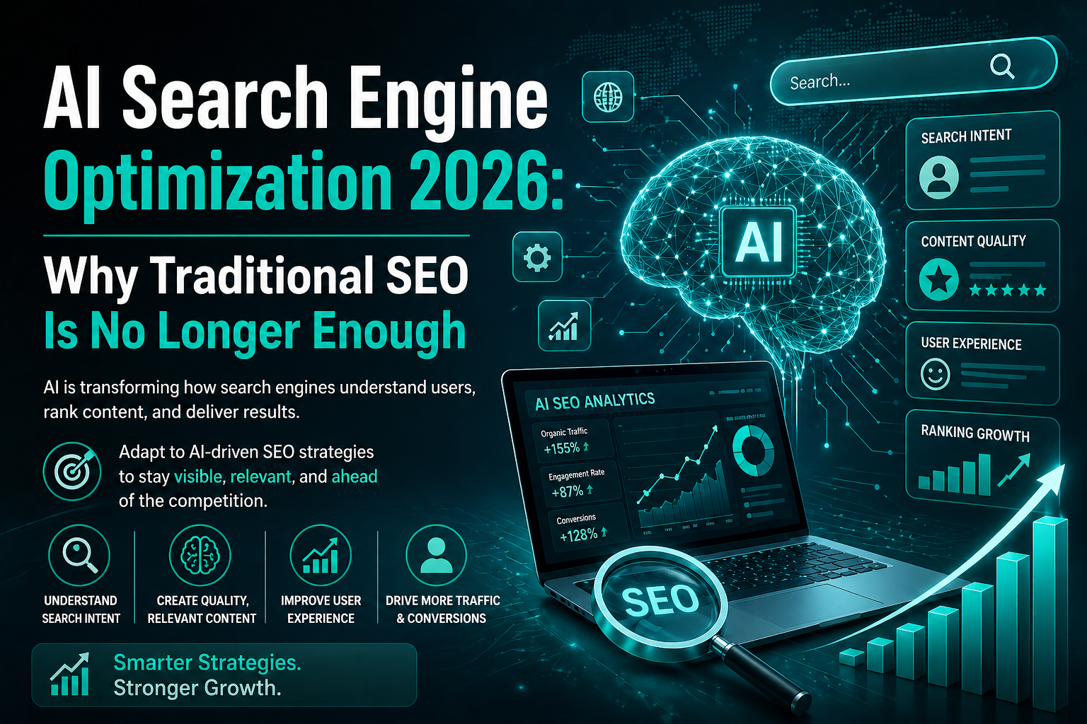 AI Search Engine Optimization concept showing futuristic AI-driven SEO analytics, search engine interface, and digital marketing growth