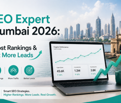 SEO Expert Mumbai 2026 banner showing analytics dashboard, growth chart, and Mumbai skyline representing higher rankings and lead generation