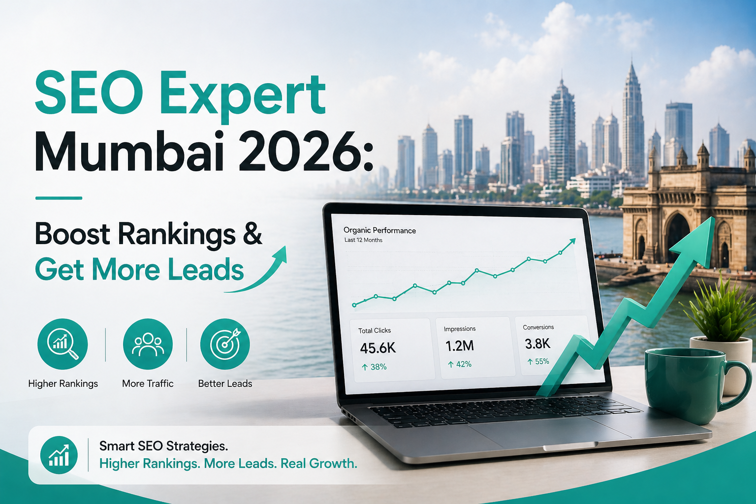 SEO Expert Mumbai 2026 banner showing analytics dashboard, growth chart, and Mumbai skyline representing higher rankings and lead generation