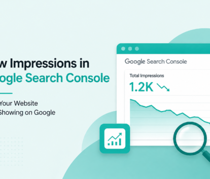 Low impressions in Google Search Console dashboard with declining graph and SEO analytics illustration