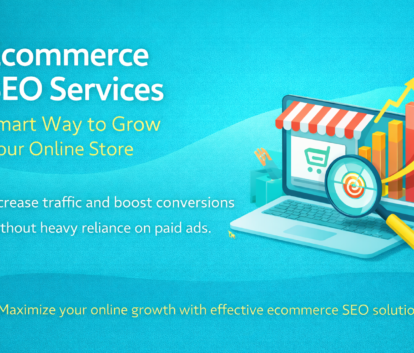 ecommerce seo services illustration showing online store growth, traffic increase, and higher conversions