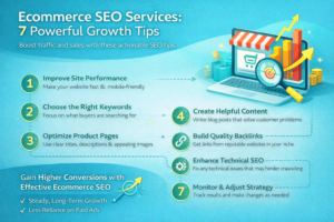 ecommerce seo services infographic showing 7 powerful strategies to increase traffic and conversions