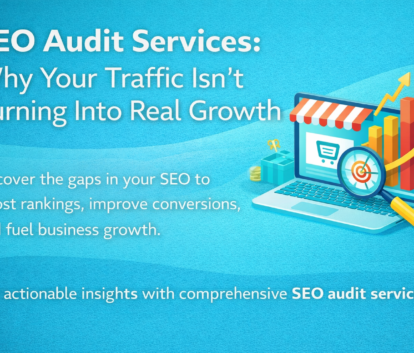 seo audit services illustration showing website analysis, traffic issues, and growth improvement