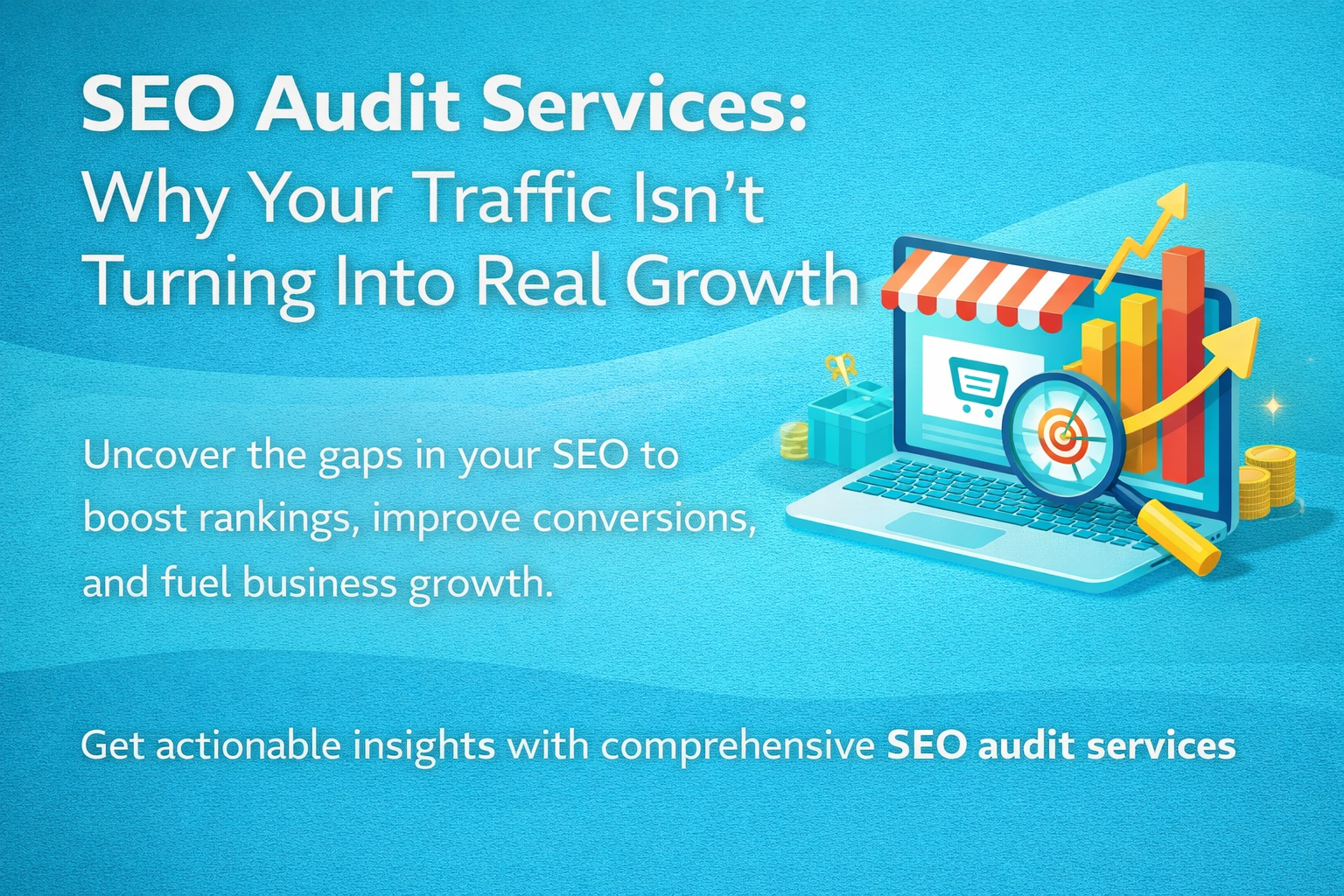 seo audit services illustration showing website analysis, traffic issues, and growth improvement