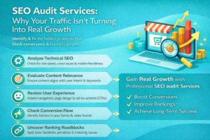 seo audit services infographic showing technical analysis, content review, and conversion improvement steps