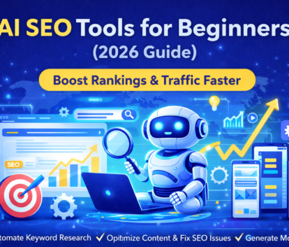 AI SEO tools for beginners illustration showing SEO automation, keyword research, and ranking growth