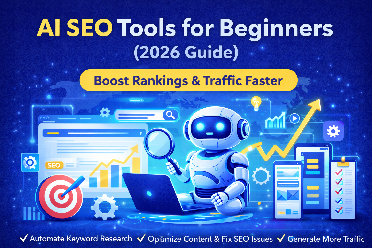 AI SEO tools for beginners illustration showing SEO automation, keyword research, and ranking growth