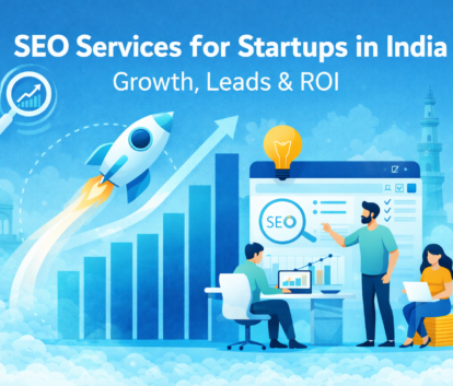 SEO services for startups in India illustration showing growth, lead generation and organic traffic strategy