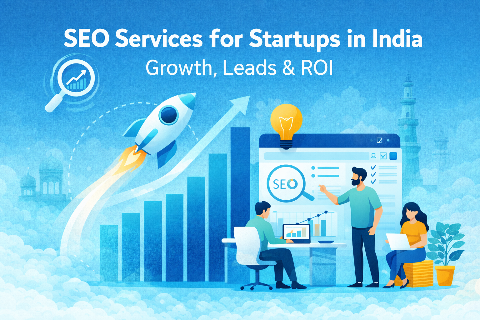 SEO services for startups in India illustration showing growth, lead generation and organic traffic strategy