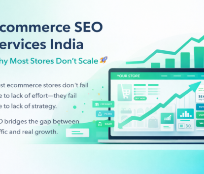 Ecommerce SEO services India feature image showing online store growth, traffic analytics dashboard, and conversion optimization strategy