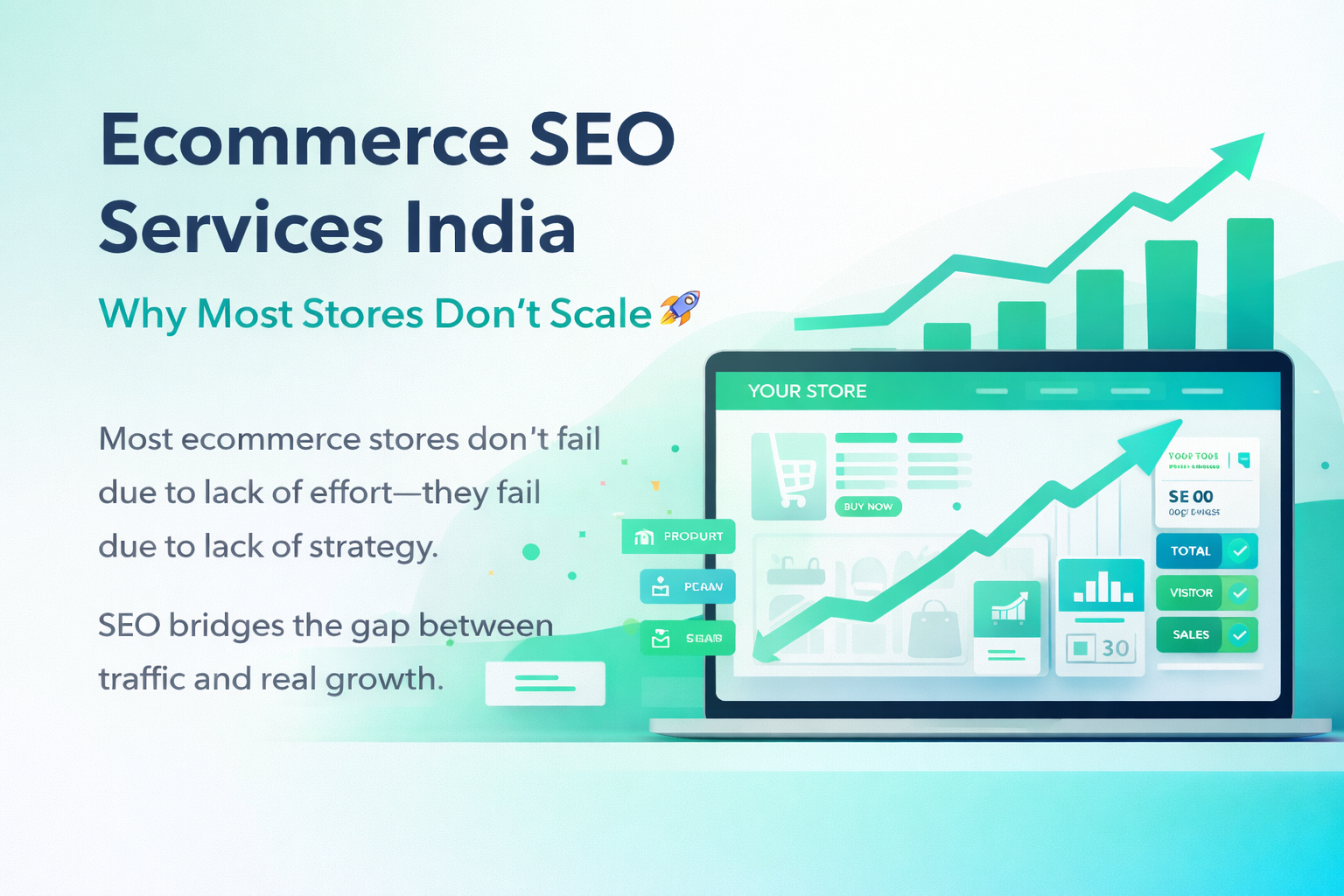 Ecommerce SEO services India feature image showing online store growth, traffic analytics dashboard, and conversion optimization strategy