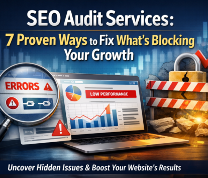 SEO audit services illustration showing website errors, low performance analytics, and growth improvement