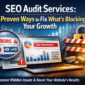 SEO audit services illustration showing website errors, low performance analytics, and growth improvement