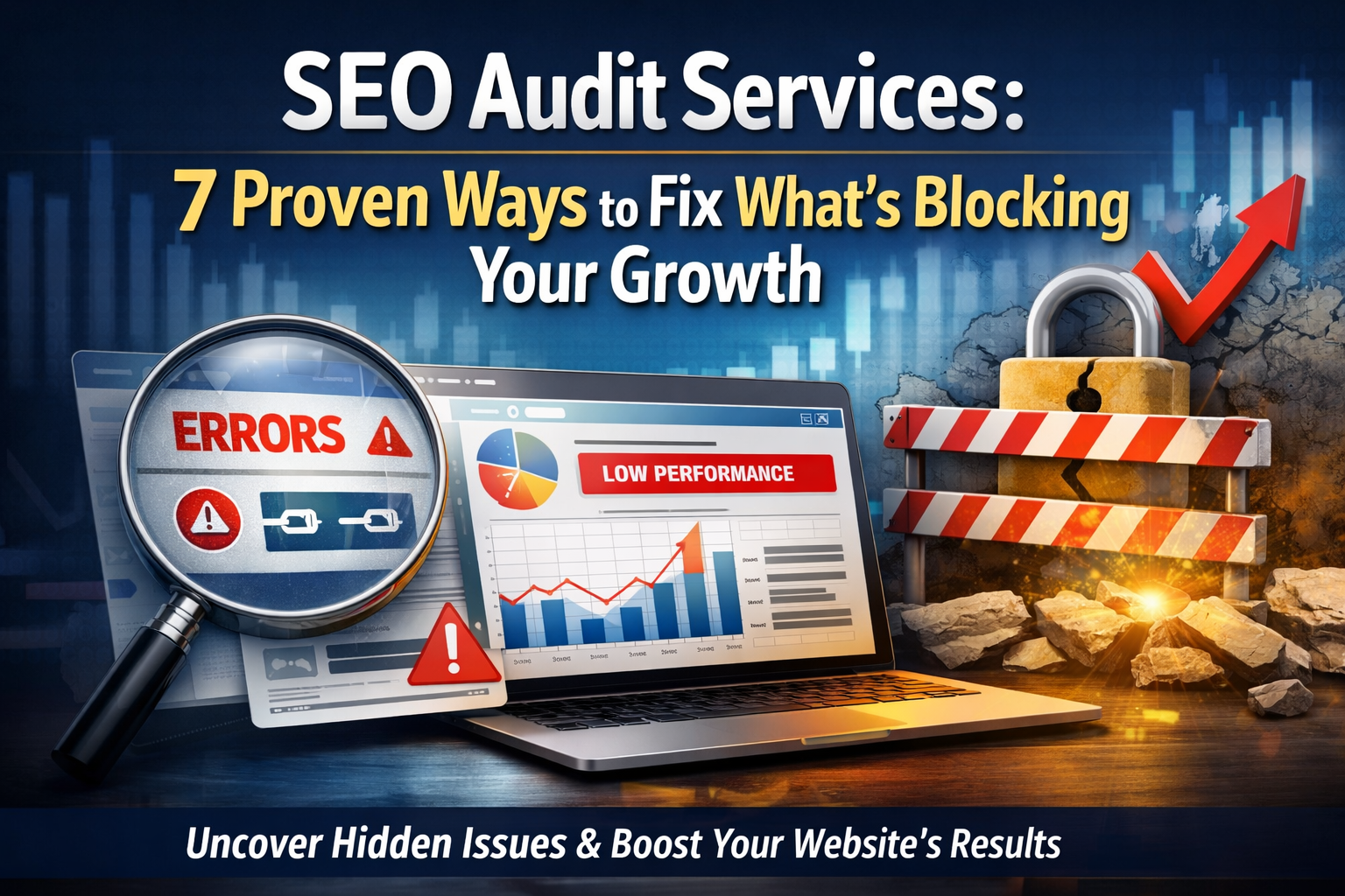 SEO audit services illustration showing website errors, low performance analytics, and growth improvement
