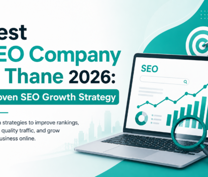 Minimal SEO feature image showing “Best SEO Company in Thane 2026” with SEO analytics dashboard, growth charts, and teal branding elements representing digital growth strategy.