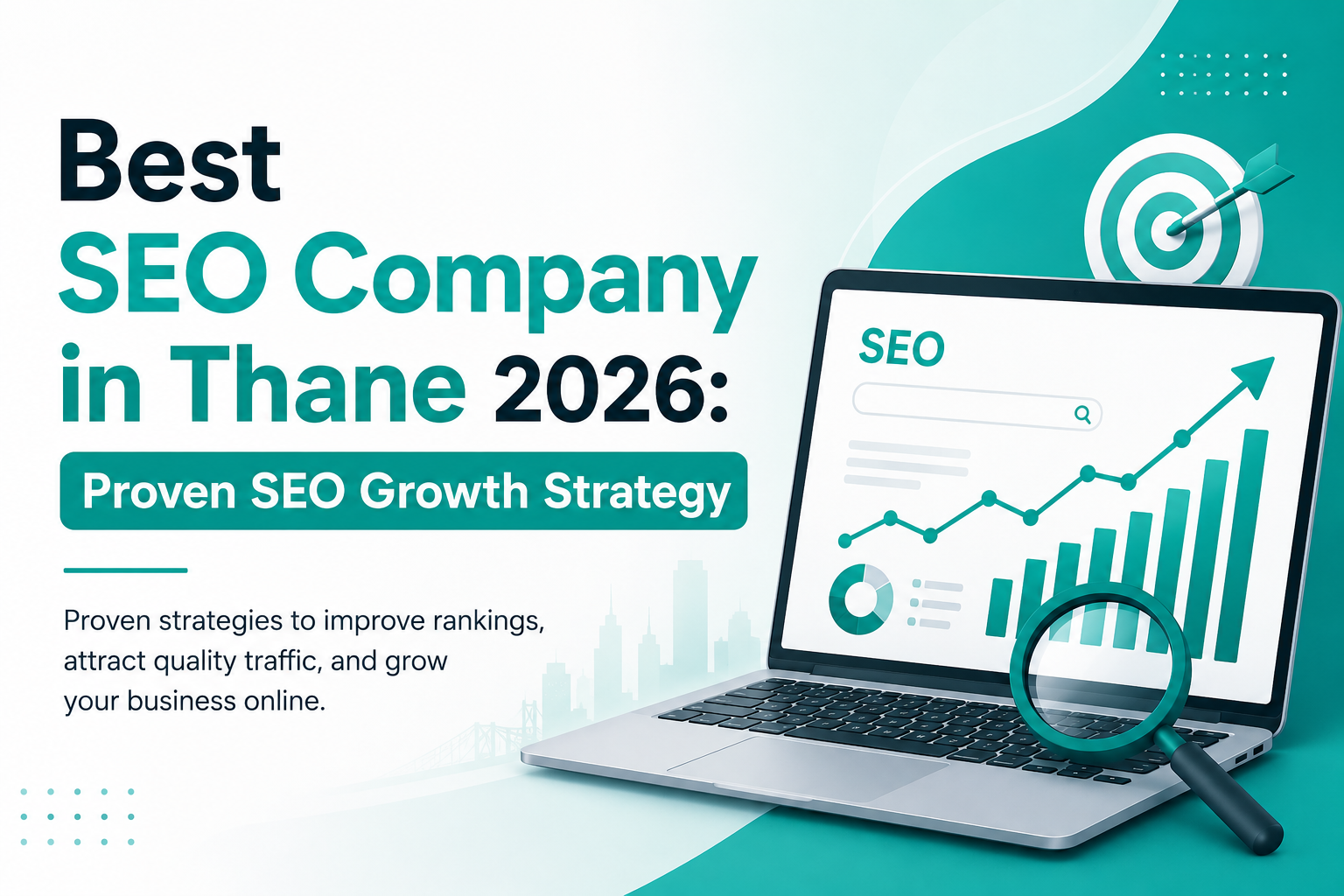Minimal SEO feature image showing “Best SEO Company in Thane 2026” with SEO analytics dashboard, growth charts, and teal branding elements representing digital growth strategy.