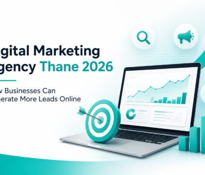 Digital Marketing Agency Thane 2026 feature image showing SEO analytics dashboard, business growth charts, laptop screen, lead generation visuals, and digital marketing strategy elements.