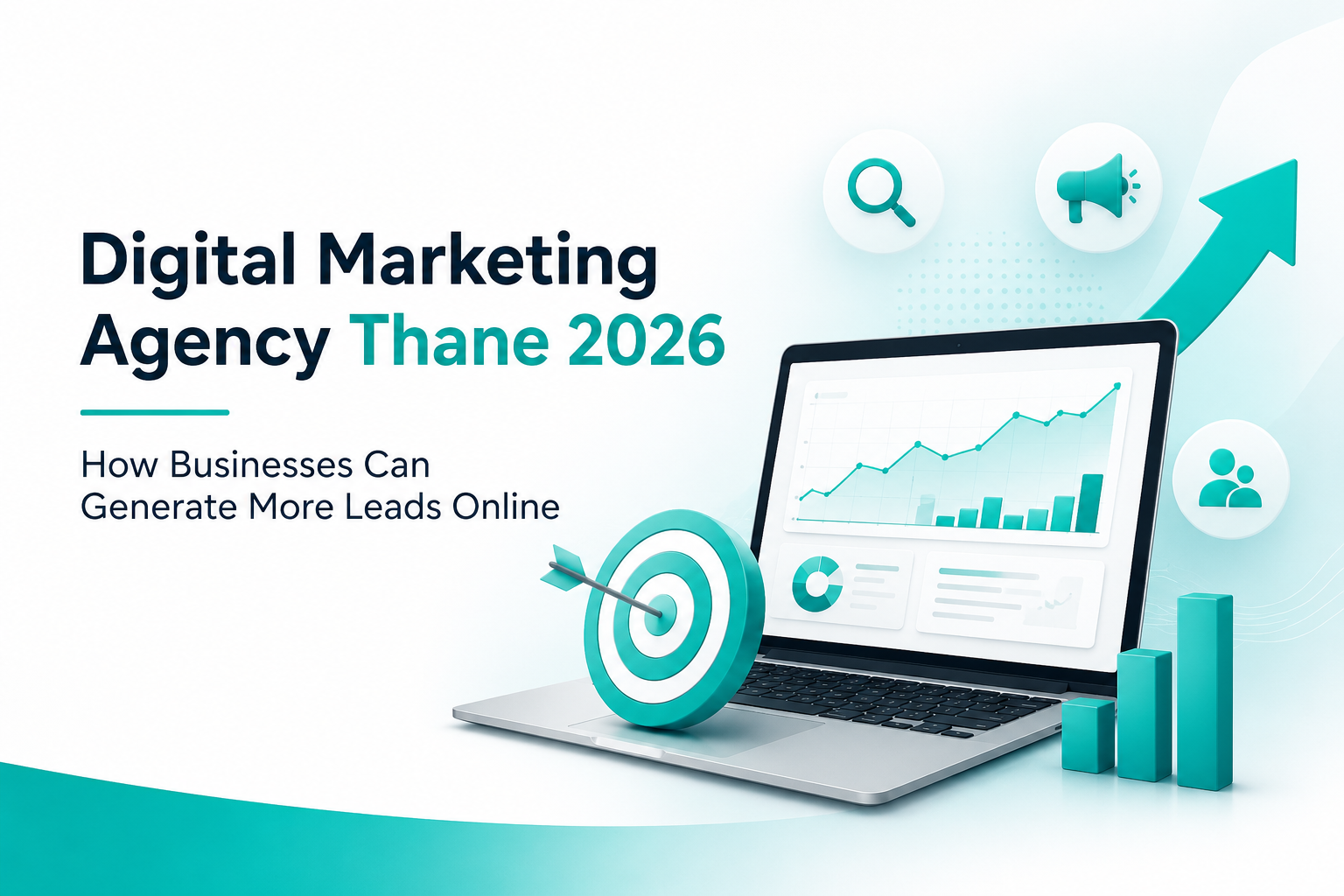 Digital Marketing Agency Thane 2026 feature image showing SEO analytics dashboard, business growth charts, laptop screen, lead generation visuals, and digital marketing strategy elements.