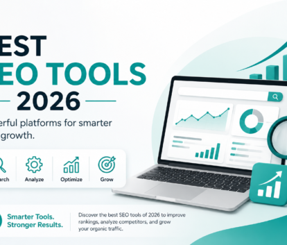 Modern SEO analytics dashboard with ranking charts, keyword research tools, technical SEO insights, and digital growth visuals for Best SEO Tools 2026.