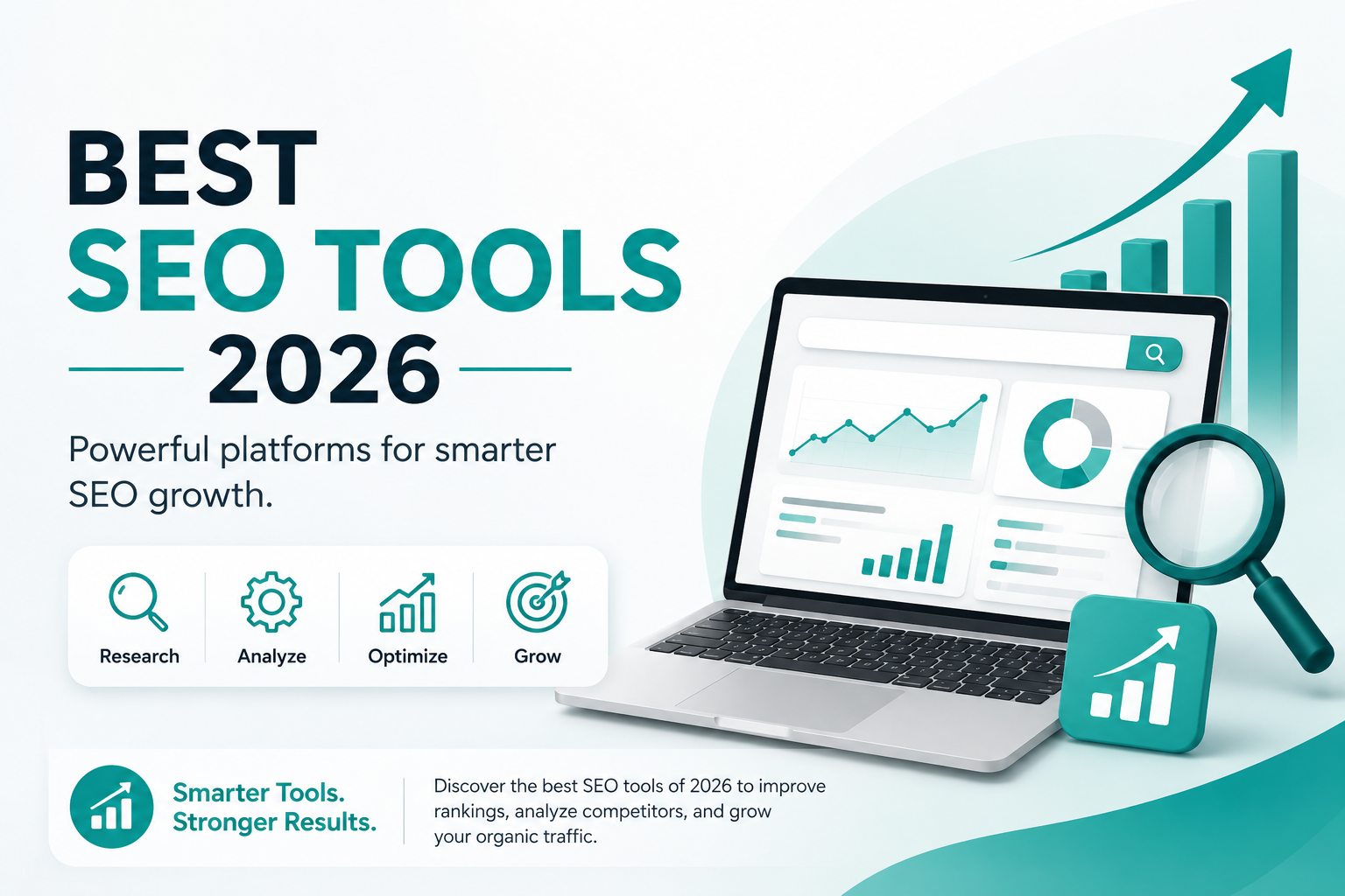 Modern SEO analytics dashboard with ranking charts, keyword research tools, technical SEO insights, and digital growth visuals for Best SEO Tools 2026.