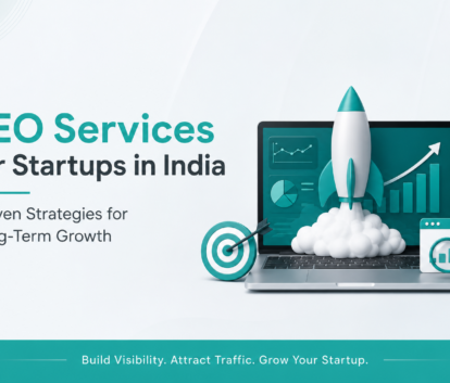 SEO services for startups in India feature image with growth analytics, rocket launch, SEO dashboard, and digital marketing elements for long-term business growth.