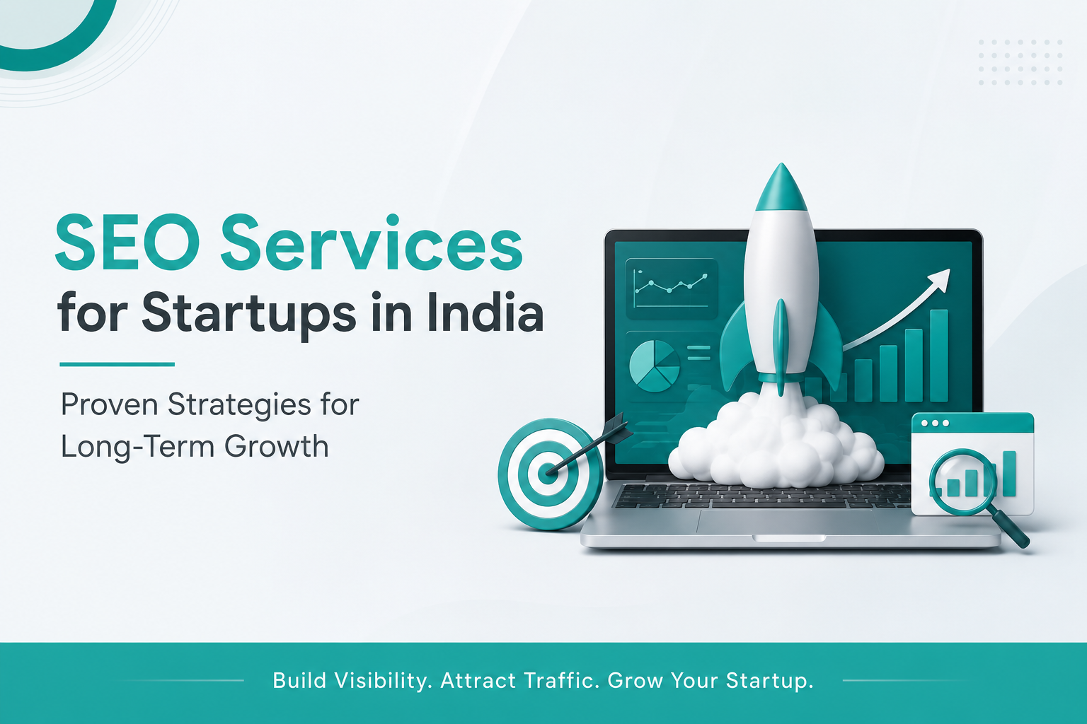 SEO services for startups in India feature image with growth analytics, rocket launch, SEO dashboard, and digital marketing elements for long-term business growth.