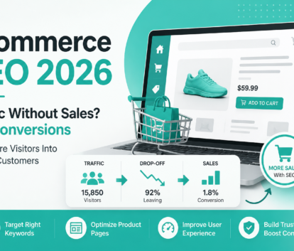 Ecommerce SEO services 2026 feature image showing traffic, drop-off, and conversion optimization for online stores