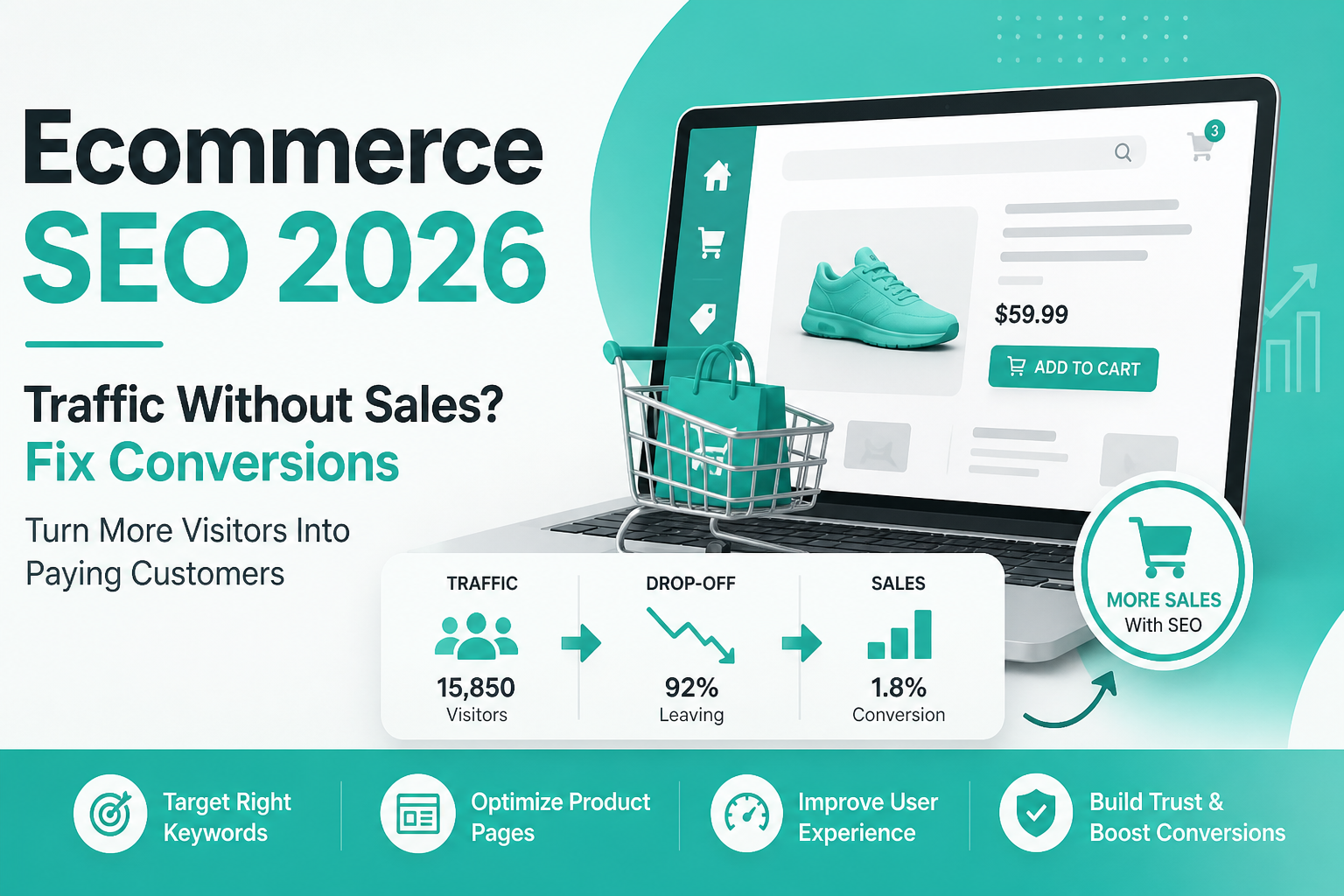Ecommerce SEO services 2026 feature image showing traffic, drop-off, and conversion optimization for online stores