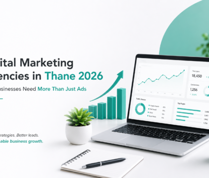 Digital marketing workspace with analytics dashboard, laptop growth charts, and minimal teal branding design for digital marketing agencies in Thane 2026.