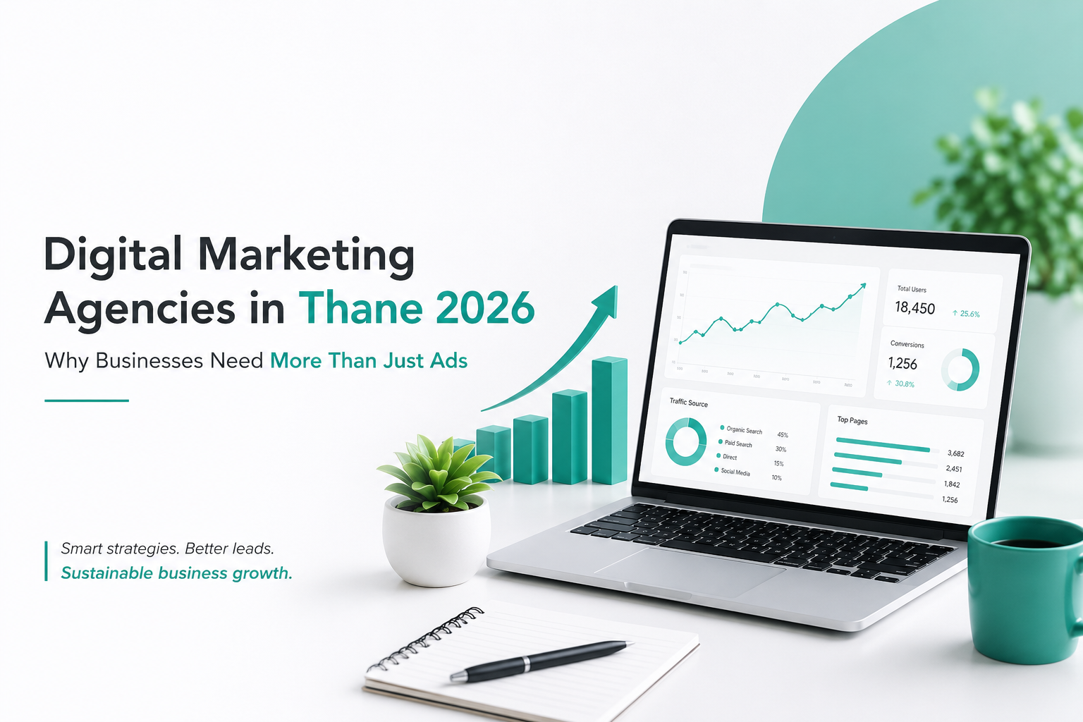Digital marketing workspace with analytics dashboard, laptop growth charts, and minimal teal branding design for digital marketing agencies in Thane 2026.