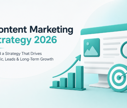 Minimal feature image showing “Content Marketing Strategy 2026” with teal marketing analytics illustration, growth chart, target icon, and SEO strategy elements on a clean modern background.