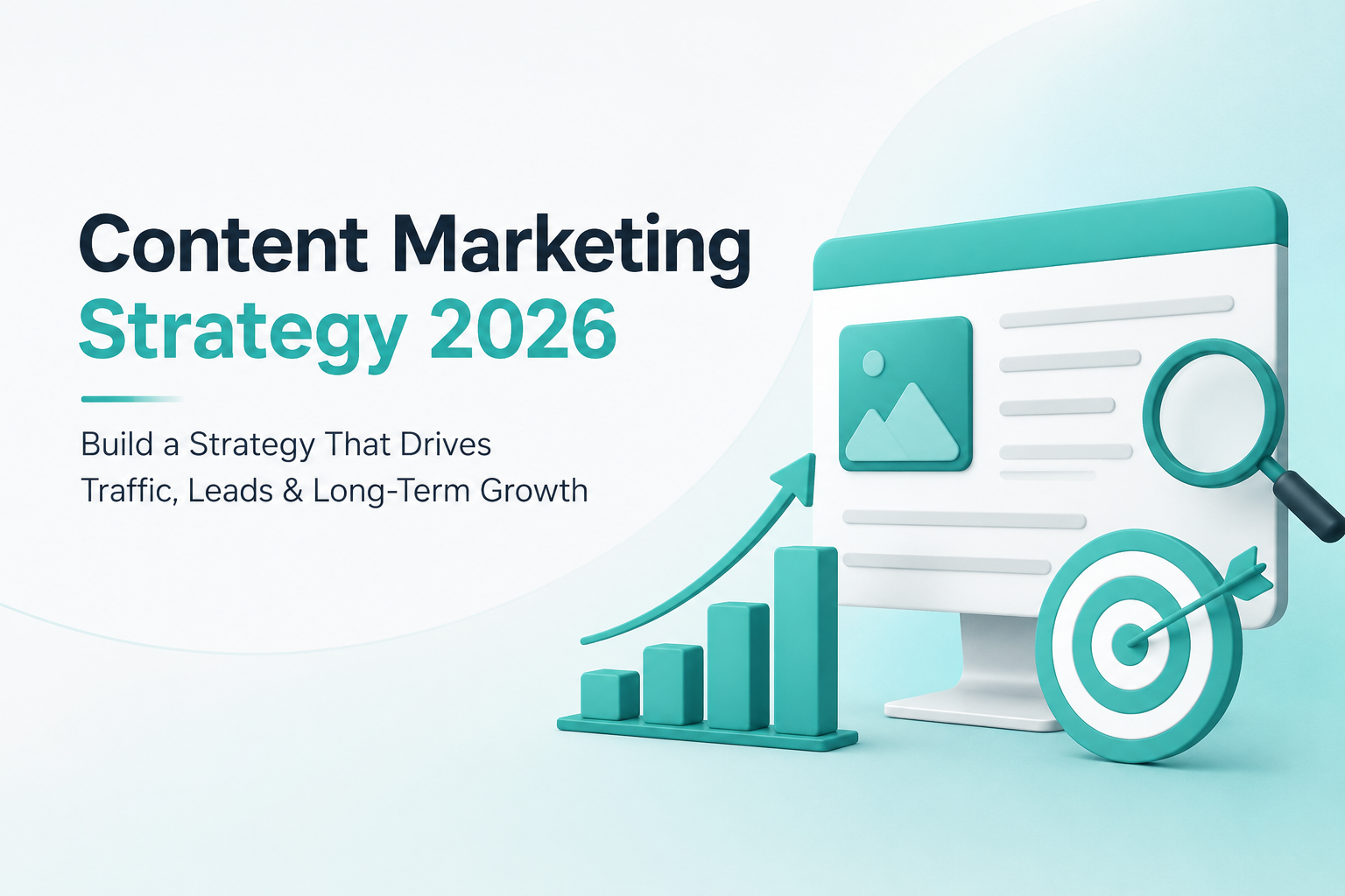 Minimal feature image showing “Content Marketing Strategy 2026” with teal marketing analytics illustration, growth chart, target icon, and SEO strategy elements on a clean modern background.