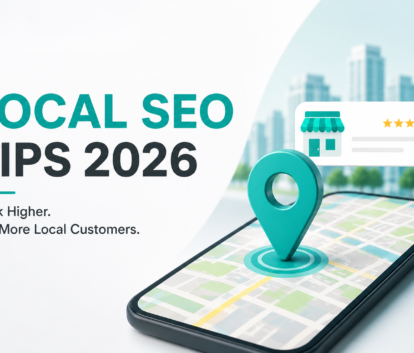 Local SEO Tips 2026 feature image with smartphone map, location pin, and local business ranking concept in teal branding colors.