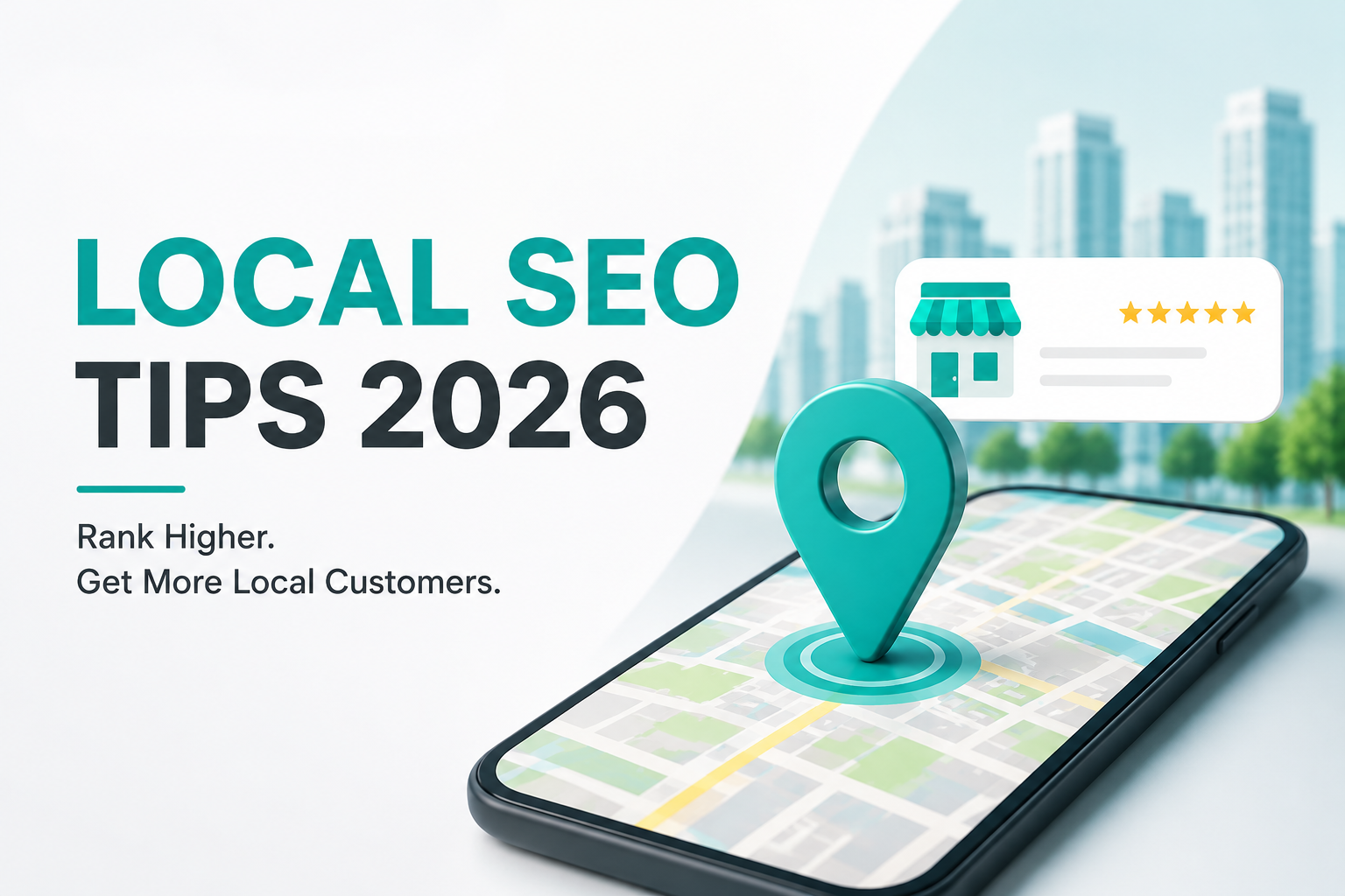 Local SEO Tips 2026 feature image with smartphone map, location pin, and local business ranking concept in teal branding colors.