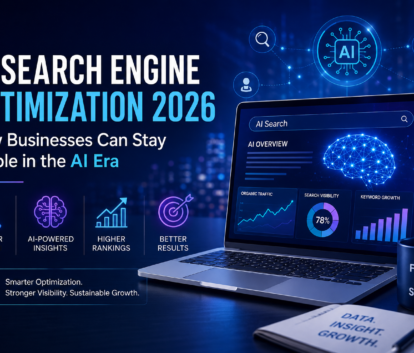 AI Search Engine Optimization 2026 concept image featuring AI-powered search analytics, digital growth dashboards, and futuristic SEO technology visuals for modern businesses.