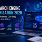 AI Search Engine Optimization 2026 concept image featuring AI-powered search analytics, digital growth dashboards, and futuristic SEO technology visuals for modern businesses.