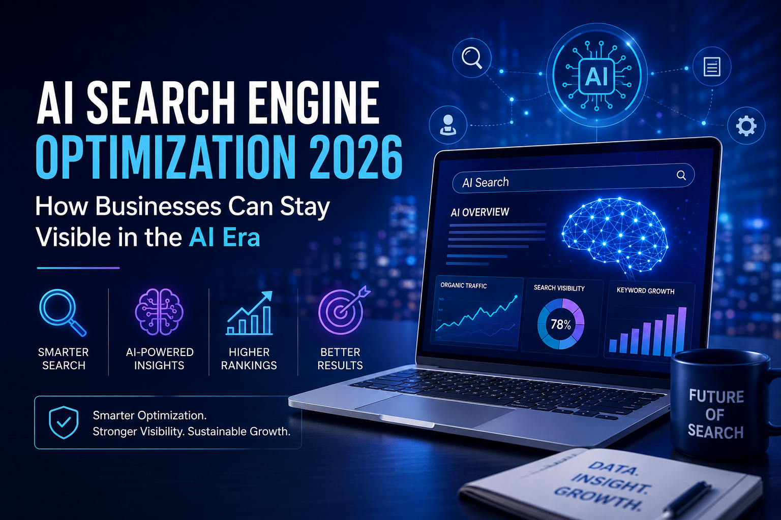 AI Search Engine Optimization 2026 concept image featuring AI-powered search analytics, digital growth dashboards, and futuristic SEO technology visuals for modern businesses.