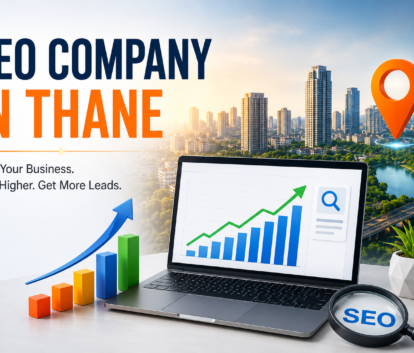 Search Engine Optimization Company in Thane showing SEO growth strategy with laptop analytics dashboard, rising graph, search optimization elements, and Thane city skyline for business growth in 2026.