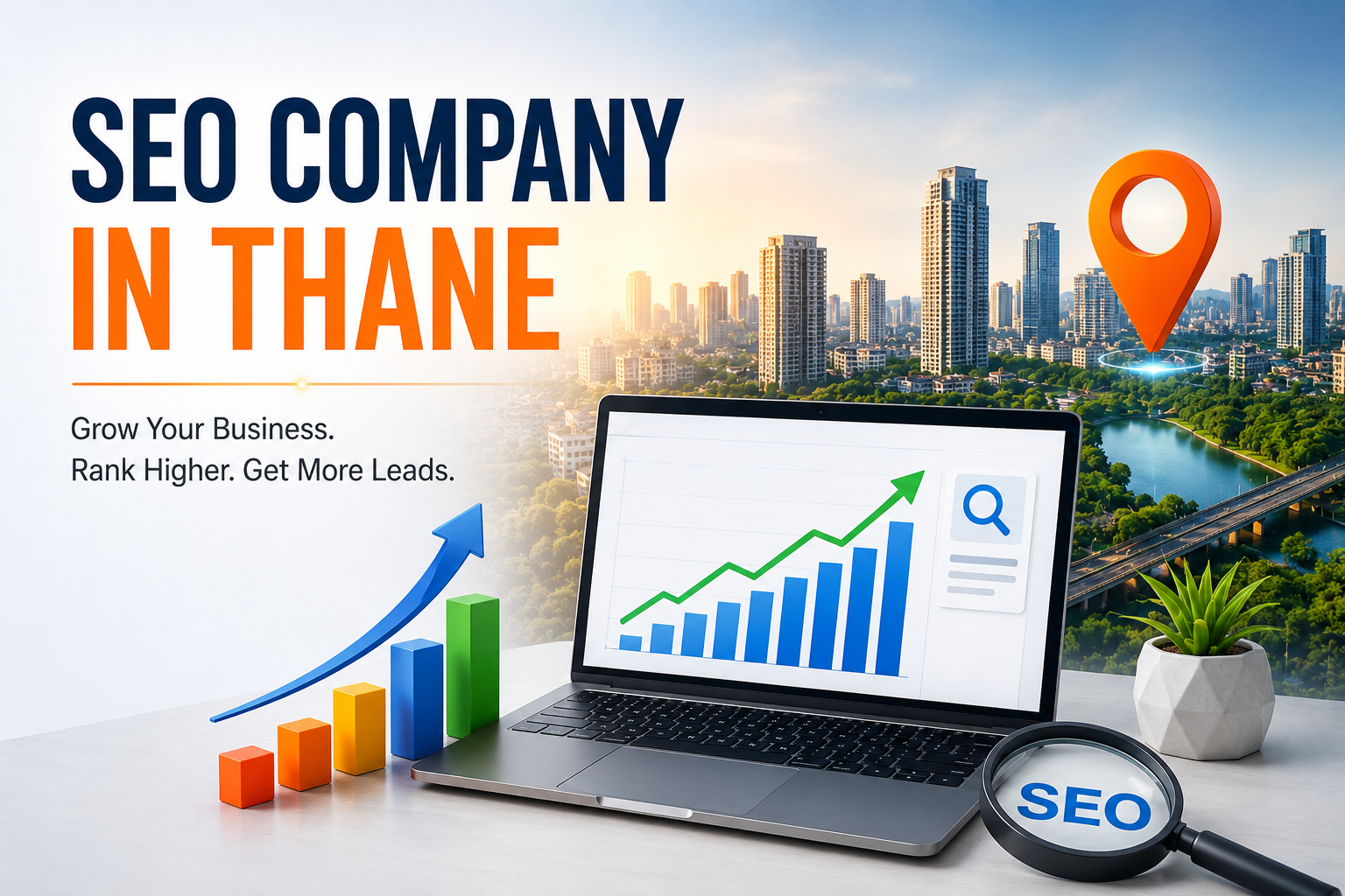Search Engine Optimization Company in Thane showing SEO growth strategy with laptop analytics dashboard, rising graph, search optimization elements, and Thane city skyline for business growth in 2026.