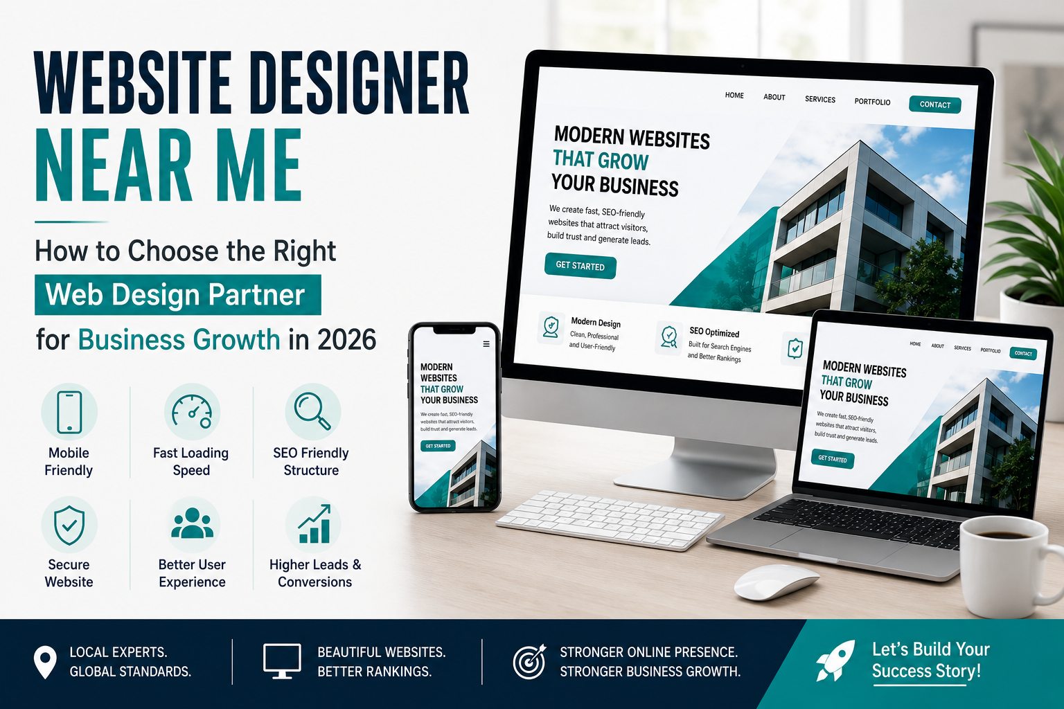 Website designer near me showcasing a modern SEO-friendly, mobile-responsive business website design for business growth in 2026.