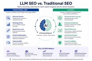 LLM SEO vs Traditional SEO infographic showing how AI-powered search evaluates content based on context, expertise, trust, topical relevance, and user intent compared to traditional keyword and backlink-focused SEO.