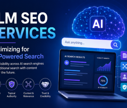 Modern feature image illustrating LLM SEO services with an AI-powered search interface, digital dashboard, AI brain graphic, and key optimization factors including topical authority, relevance, expertise, and trust.