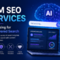Modern feature image illustrating LLM SEO services with an AI-powered search interface, digital dashboard, AI brain graphic, and key optimization factors including topical authority, relevance, expertise, and trust.