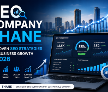 SEO Company Thane feature image showing SEO analytics dashboard, keyword ranking growth, organic traffic metrics, and business growth charts for local businesses in Thane.