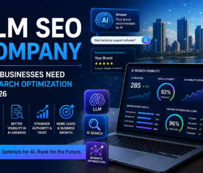 LLM SEO Company feature image showing AI-powered search optimization, large language model SEO analytics, AI search visibility dashboard, and business growth through AI-driven search.