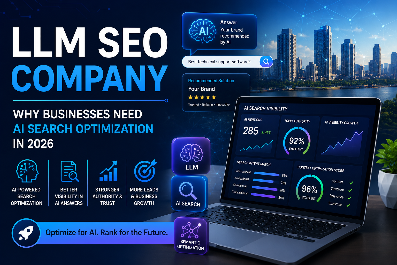 LLM SEO Company feature image showing AI-powered search optimization, large language model SEO analytics, AI search visibility dashboard, and business growth through AI-driven search.