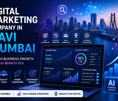 Digital Marketing Company in Navi Mumbai feature image displaying AI-powered digital marketing analytics, SEO performance dashboard, lead generation metrics, and business growth visualization.