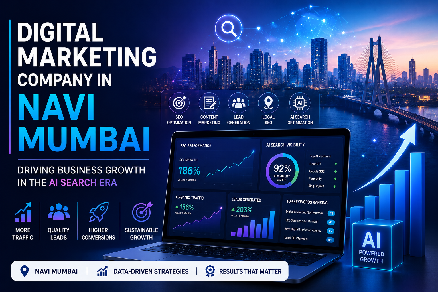Digital Marketing Company in Navi Mumbai feature image displaying AI-powered digital marketing analytics, SEO performance dashboard, lead generation metrics, and business growth visualization.